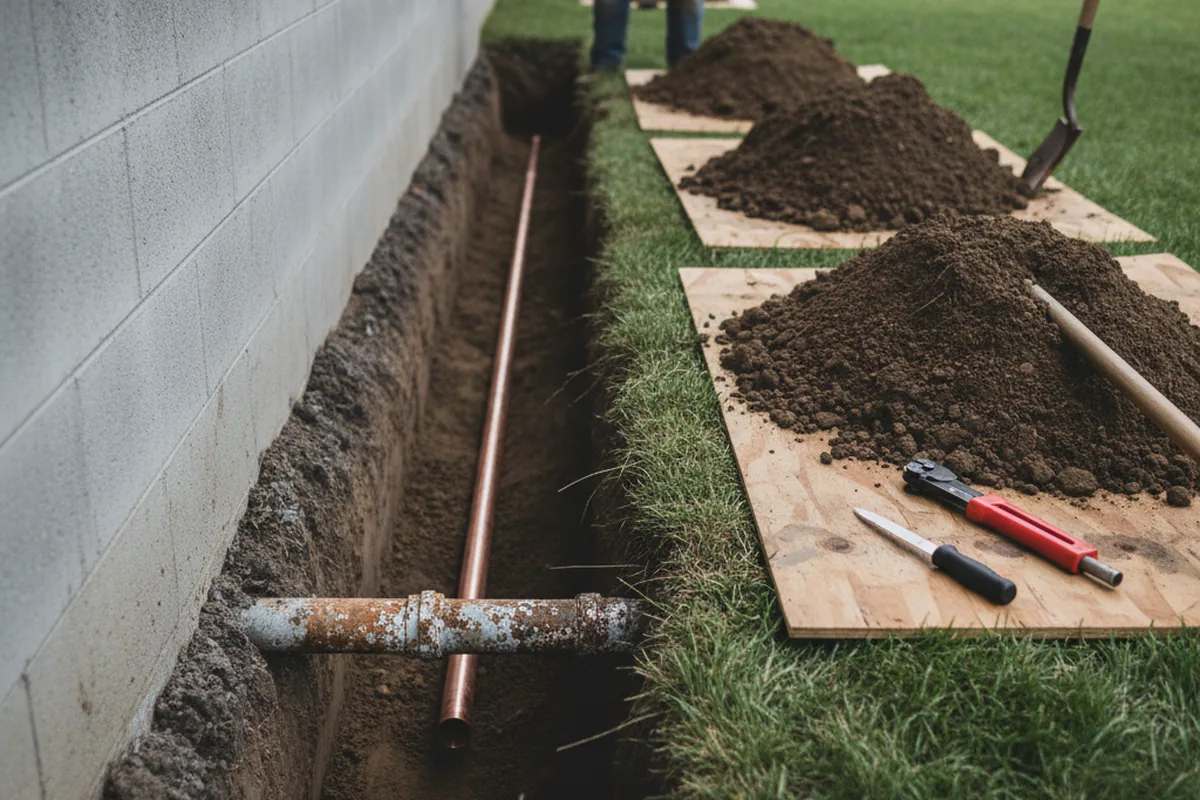 Excavated water line trench during Water Softener Installation in Fort Valley